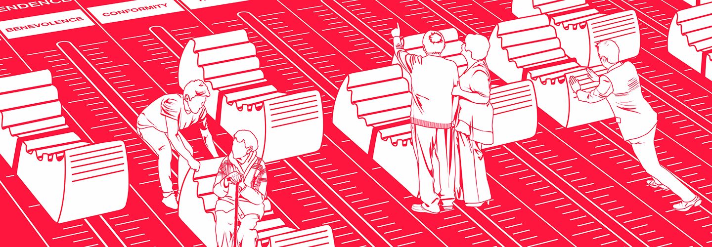 White on red illustration of people pushing and pulling giant switches related to individual human values, such as benevolence or conformity.
