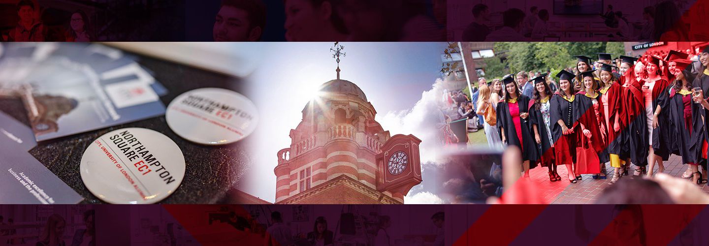 Collage of Northampton square badges, University College building and City students in graduation gown smiling