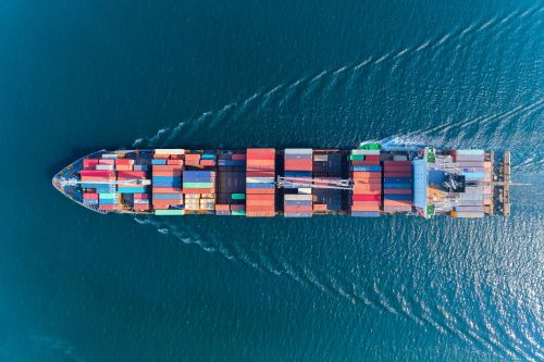 Aerial top view container ship