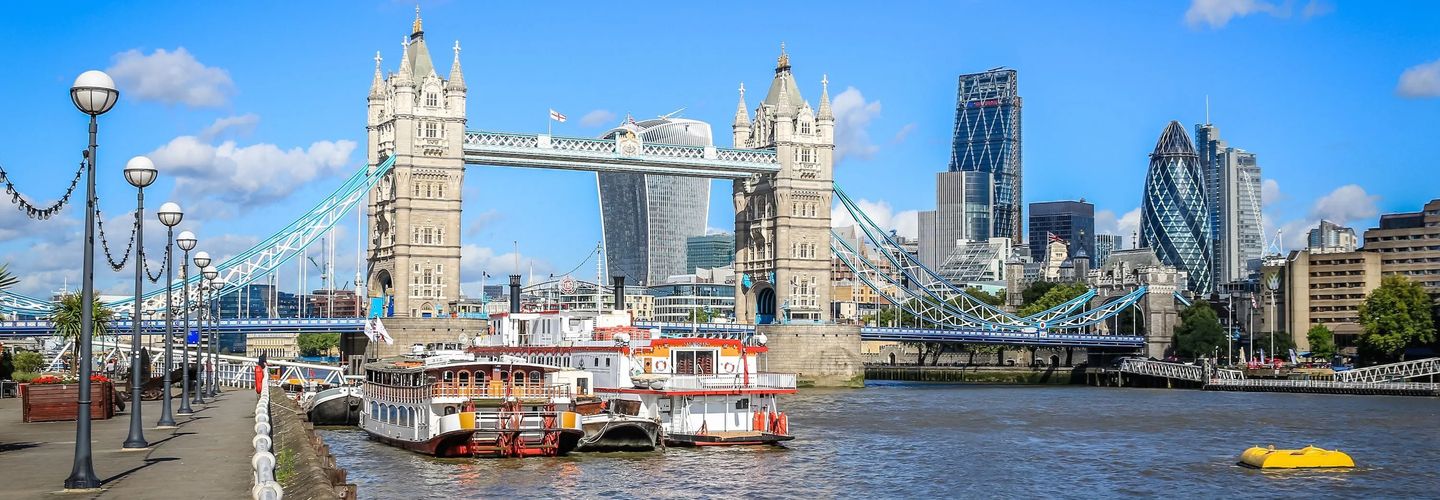 The skyline of London, with Tower Bridge in full view looking across the Thames