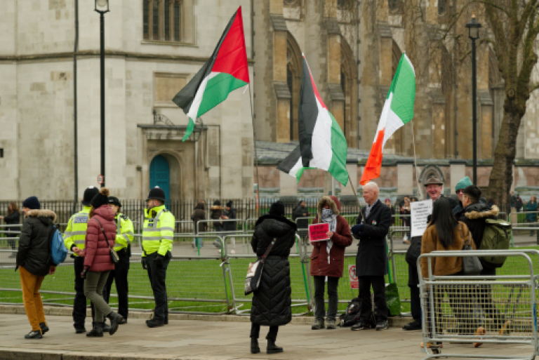 Officers stand off to the side, as individuals hold Palestine flag.
