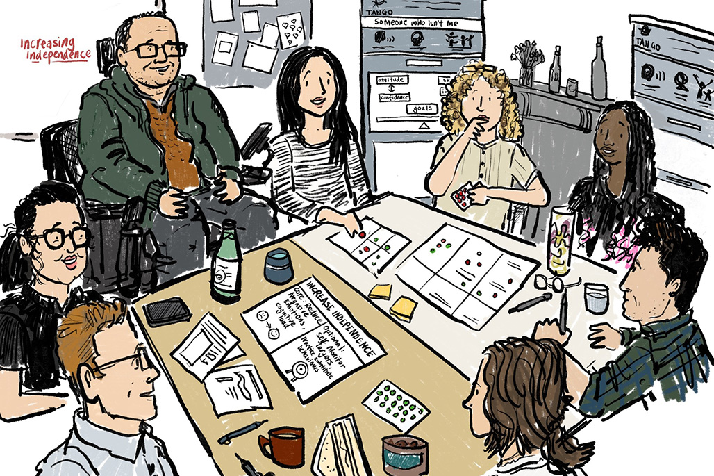 An illustration, by Tom Bailey, of people with brain injury, their family members, speech therapists and researchers working collaboratively. 