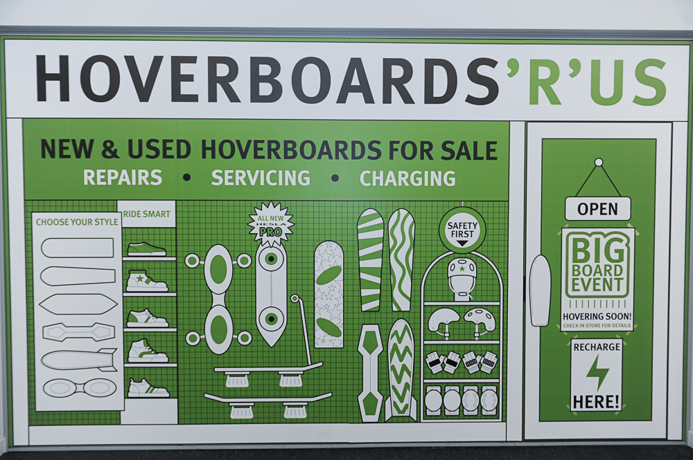 Sign at City Starters weekend: hoverboards 'r' us new and used hoverboards for sale, repairs, servicing, charging.