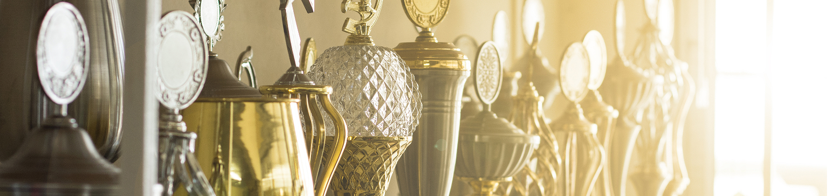 A collection of trophies in a cabinet