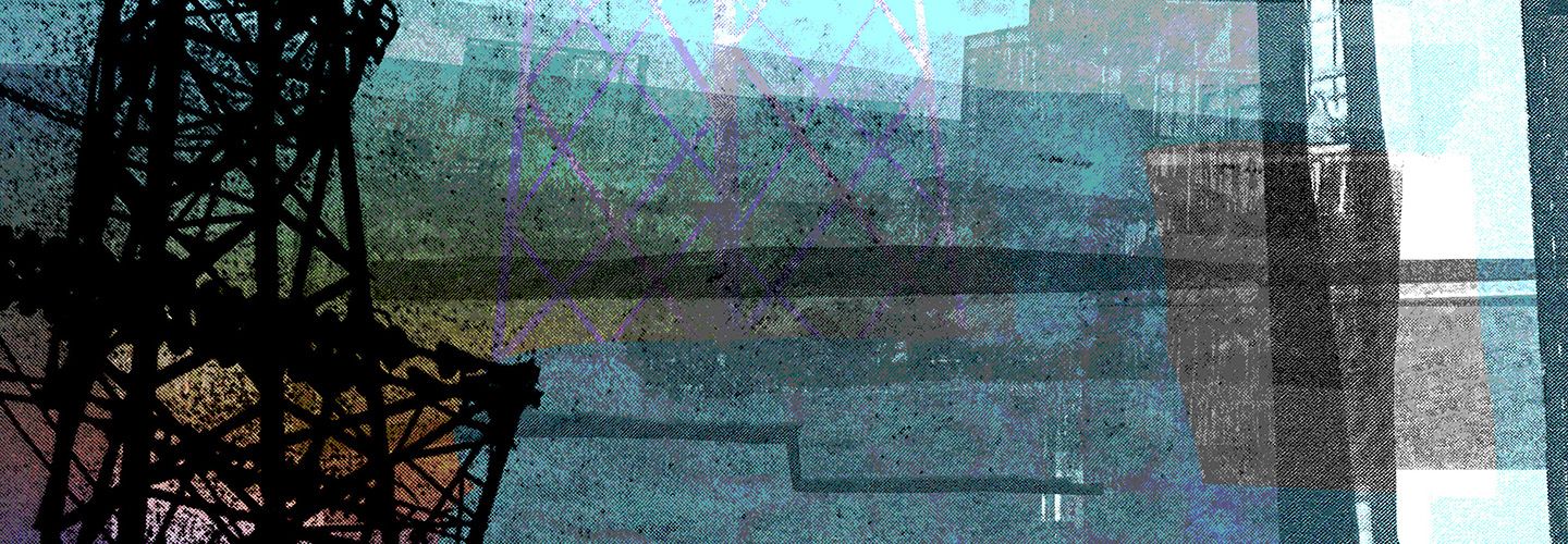 Graphic in grainy print style of a pylon and vague buildings.