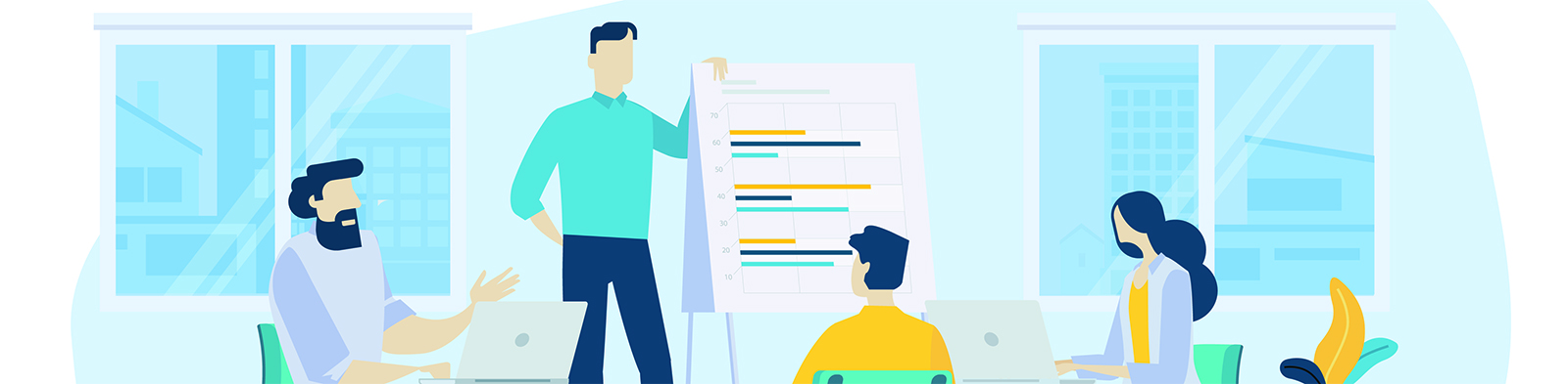 Cartoon of workers in a circle receiving training and a trainer with a flipchart
