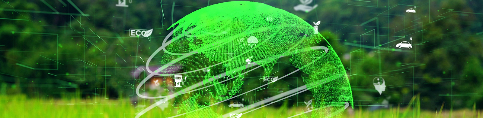 Grassy field with green globe hologram suspended in the air above