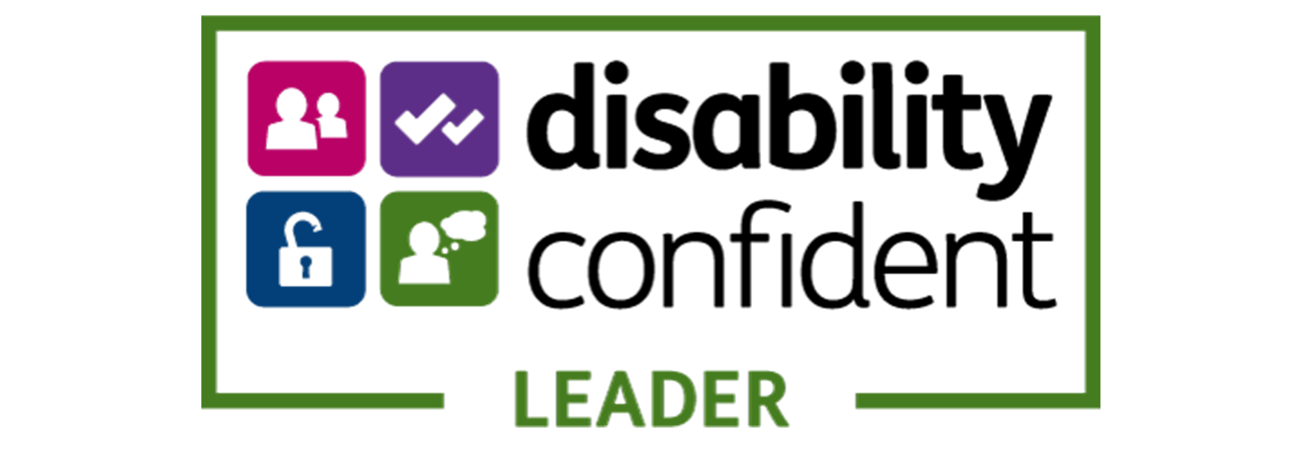 Text reads Disability Confident Leader with a green box around it and small symbols of people talking, and thinking as well as a checkmark and a lock