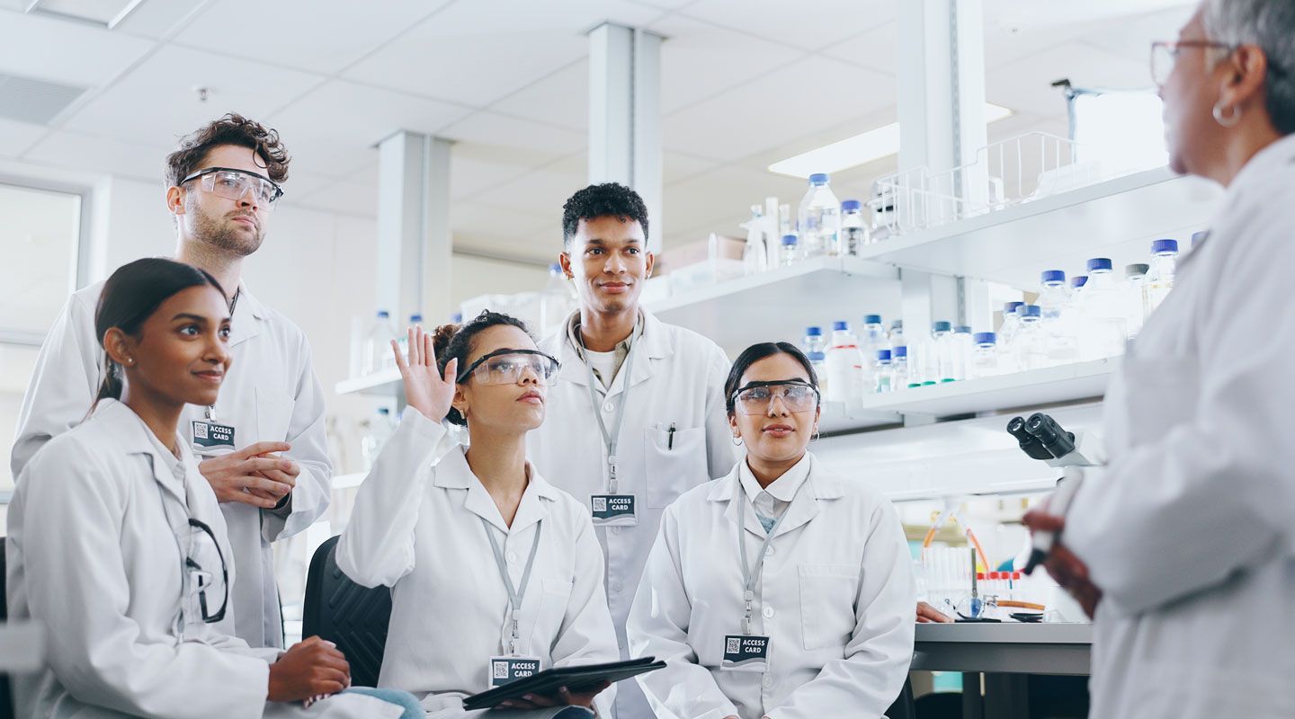 Meeting, research and group of scientists in laboratory with mentor for bio medical internship. Question, discussion and pharmaceutical science students with lecturer for experiment or discovery.