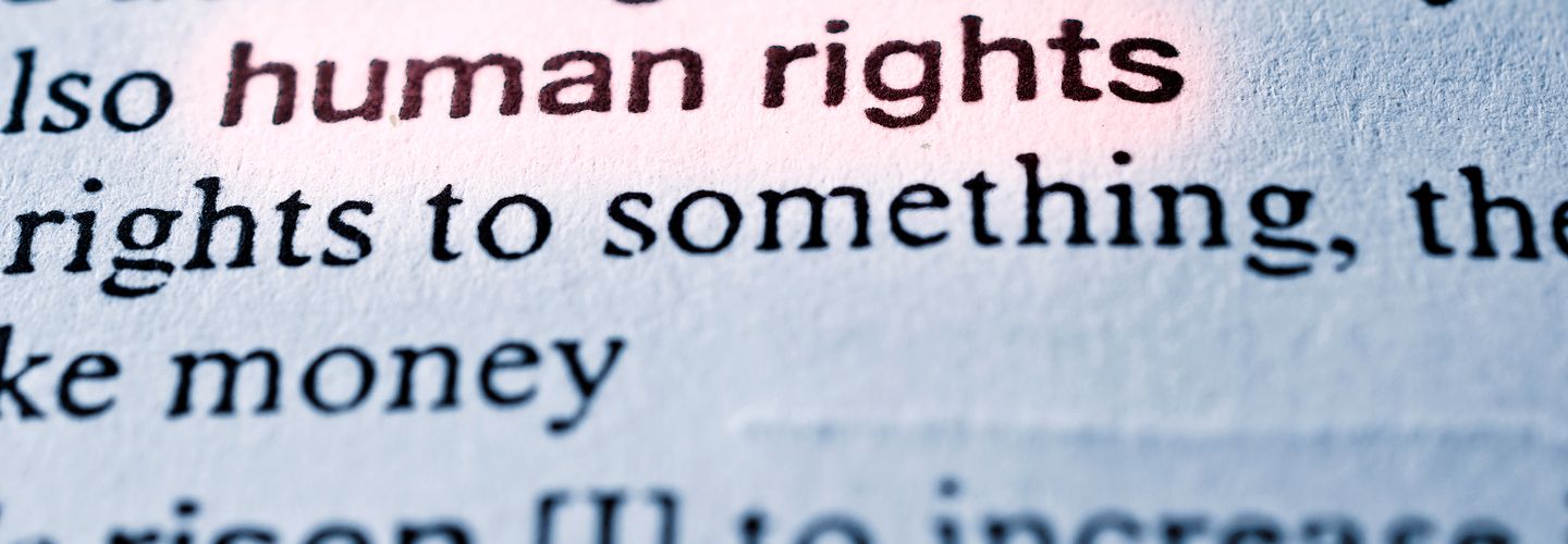Human rights concept in word tag . Selective focus in the middle of word