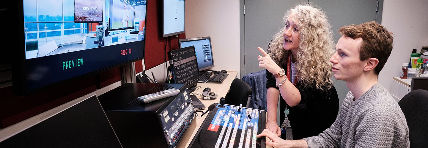 Senior lecturer Sally Webb with postgraduate student in television studio