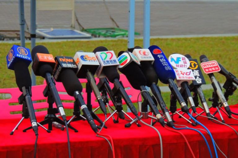 Microphones at a Hong Kong press conference