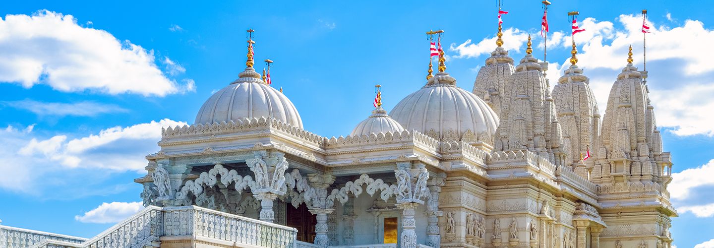 Exterior of the Hindu temple, BAPS Shri Swaminarayan Mandir, in Neasden, London.