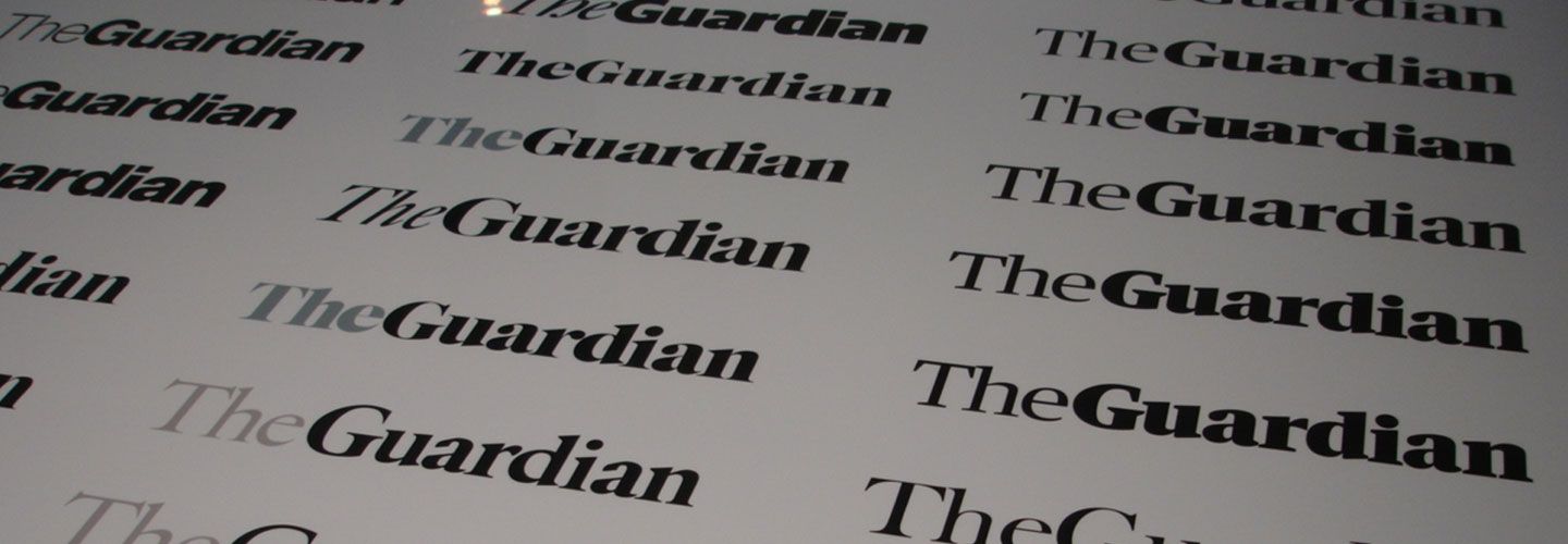 A black and white slanted image of rows of the words The Guardian as part of a test of a logo change. At times 