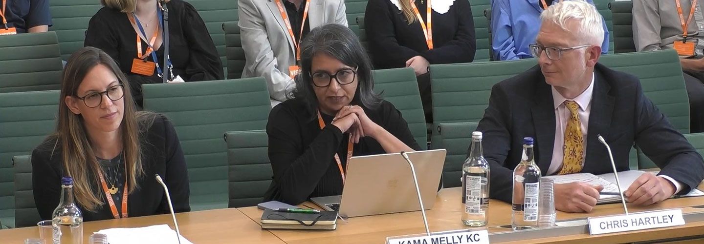 Prof Katrin Hohl OBE sits in the House of Commons during a Justice Committee session. She wears a blazer and a visitor's lanyard. The seats behind her are green. Next to her are Kama Melly KC and Chris Hartley. They all have name card and microphones in front of them. People sit in green chairs in rows behind them, listening. On the bottom right hand corner can be send the House of Commons logo. 