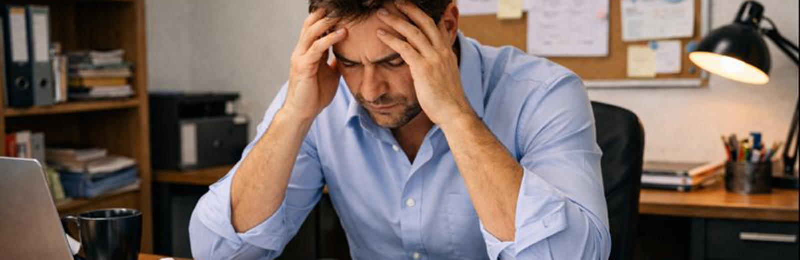 A man looks down on his desk, with a distressed look on his face.