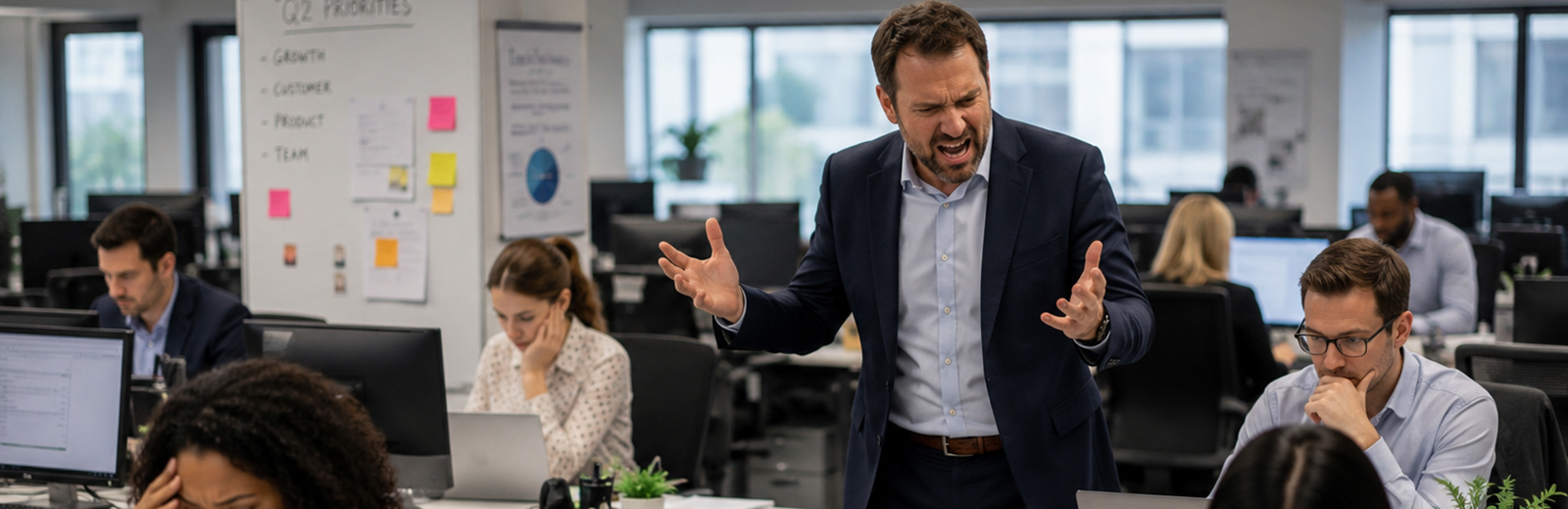 Male manager annoyed at stressed-out employees in an office