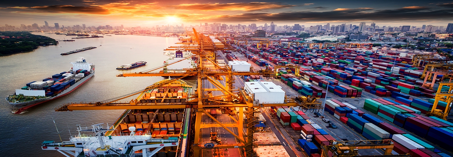 Shipping containers at a busy port